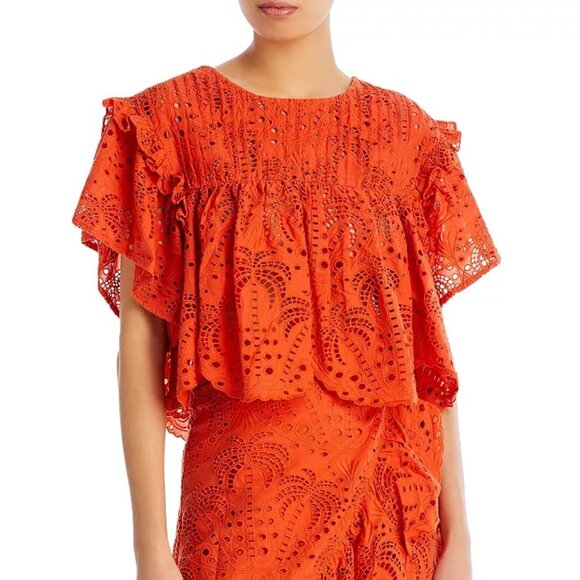 Farm Rio Palm Tree Eyelet Blouse in Orange Size XL - Picture 1 of 5